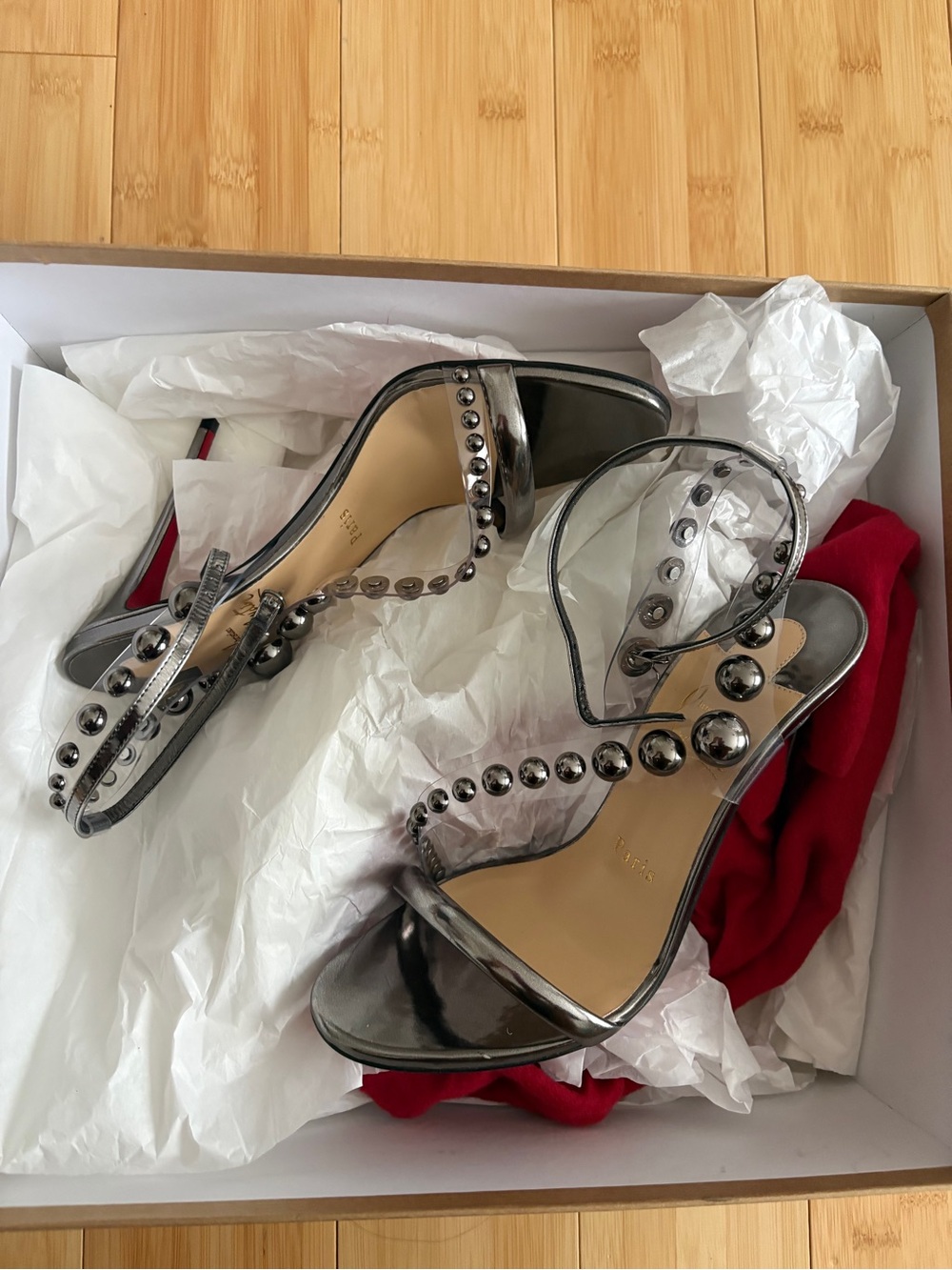 Christian Louboutin Corinetta 100 Gunmetal Patent Strap Sandal Heel